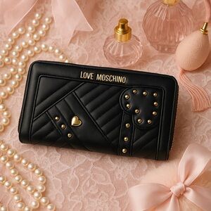 Love Moschino Black Quilted Studded Heart Zip Around Wallet NWT